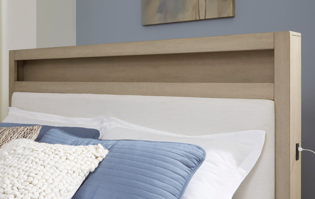 Calmoro King UPH Panel Bookcase Bed Set; Gray Wash