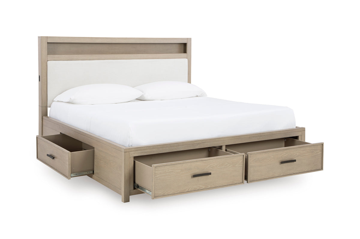 Calmoro King UPH Panel Bookcase Bed Set; Gray Wash