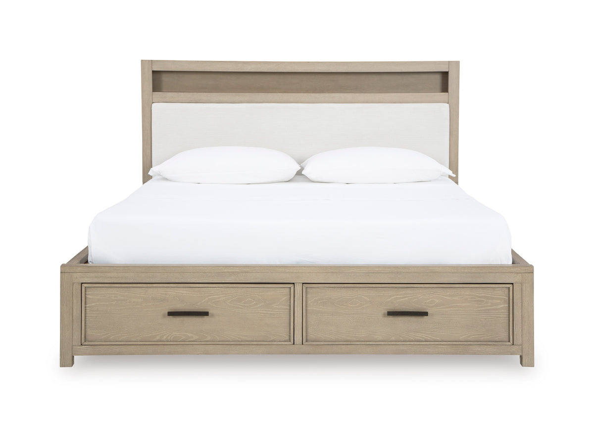 Calmoro King UPH Panel Bookcase Bed Set; Gray Wash