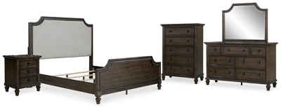 Veramond King Upholstered Panel Bed with Mirrored Dresser, Chest and Nightstand