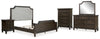 Veramond King Upholstered Panel Bed with Mirrored Dresser, Chest and Nightstand