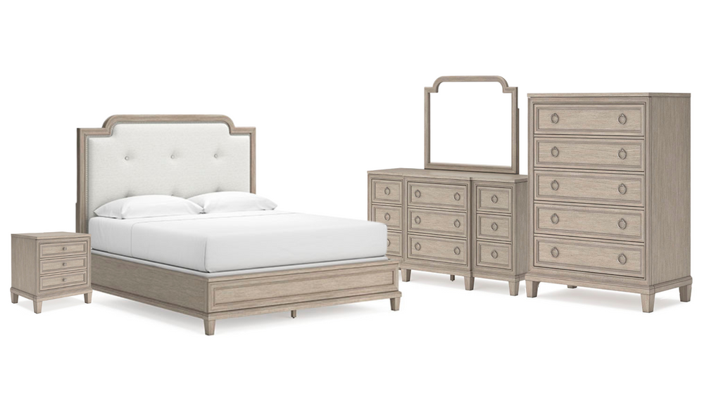 Jorlaina King Upholstered Panel Bed with Mirrored Dresser, Chest and Nightstands
