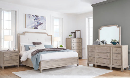 Jorlaina King Upholstered Panel Bed Set; Light Grayish Brown