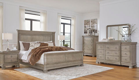 Lexorne King Size Bed, Chest of Drawers, Dresser & Mirror and Nightstand