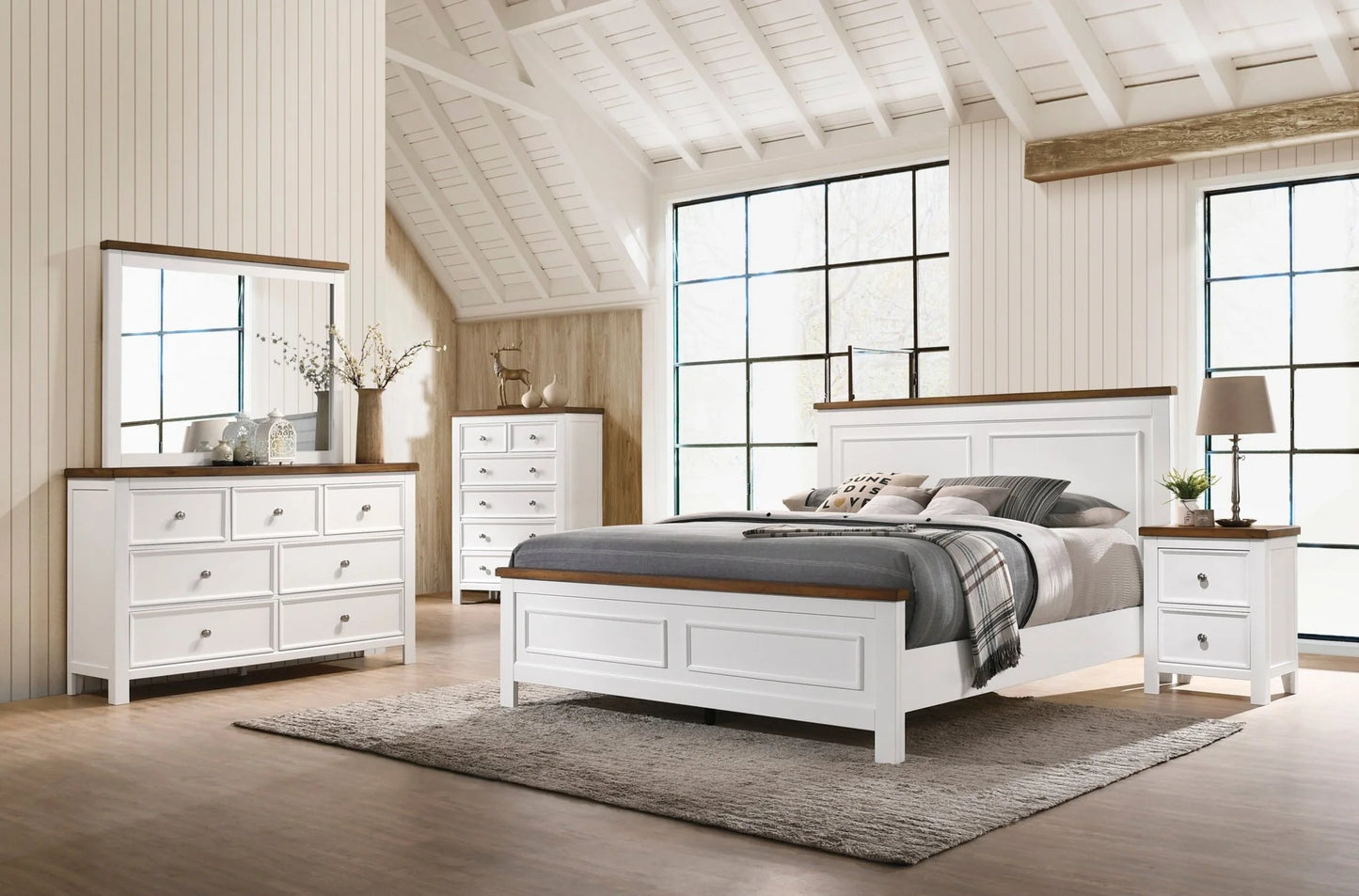 Westconi Queen Panel Bed with Mirrored Dresser, Chest and Nightstand